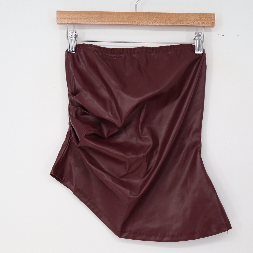 Faux Leather Tube Top Women S Burgundy Asymmetrical Ruched Excellent
